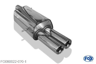 FO080022-070, Ford Galaxy WGR 1.5l 134kW 1.6l 134kW, Einddemper met eindstuk 2x80mm  Type 13 63,5mm Buisdiameter Geheel RVS, Absortie demper, mooie diepe sound, Met E-keur