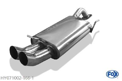 HY071002-166, Hyundai Coupe Typ RD 1.6l 84/85kW 2.0l 99/102kW, Einddemper met eindstuk 2x76mm  Type 18 55mm Buisdiameter Geheel RVS, Absortie demper, mooie diepe sound, Teilegutachten (eintragungspflichtig)