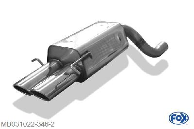 MB031022-346, Mercedes C-Klasse W203/ S203 1.8l 95/105/120/141kW 2.0l 95/120kW 2.6l 120/125kW 3.2l 160kW 2.2l CDI 75/85/90/100/110/105kW 2.7 CDI 120/125kW, Einddemper met eindstuk 2x106x71mm  Type 32 63,5mm Buisdiameter Geheel RVS, Absortie demper, mooie diepe sound, Met E-keur