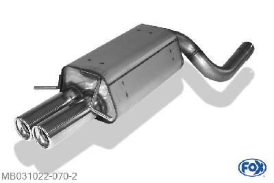MB031022-070, Mercedes C-Klasse W203/ S203 1.8l 95/105/120/141kW 2.0l 95/120kW 2.6l 120/125kW 3.2l 160kW 2.2l CDI 75/85/90/100/110/105kW 2.7 CDI 120/125kW, Einddemper met eindstuk 2x80mm  Type 13 63,5mm Buisdiameter Geheel RVS, Absortie demper, mooie diepe sound, Met E-keur