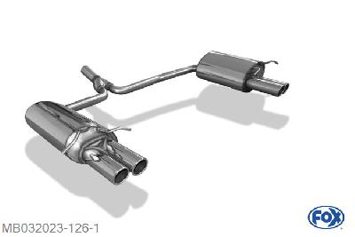 MB032023-126, Mercedes C-Klasse 4 Zylinder - W204/S204 1.6l 115kW 1.8l 115/135/150kW 2.2l D 88/100/125/150kW, Einddemper rechts/links met Y-verbindingstuk - 2x70mm  Type 16 rechts/links 55mm/ 2x50mm Buisdiameter Geheel RVS, Absortie demper, mooie diepe sound, Met E-keur