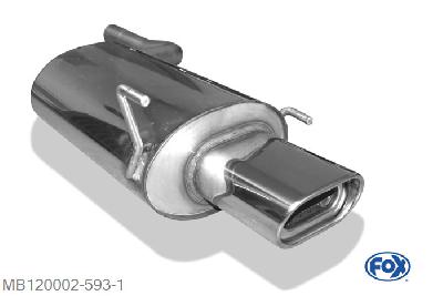 MB120002-593, Mercedes CLK Typ 208 2.0l 100kW 2.0l K 120kW 2.3l K 142kW, Einddemper met eindstuk 135x80mm  Type 53 Geheel RVS, Absortie demper, mooie diepe sound, Met E-keur