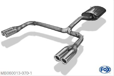 MB060013-070, Mercedes M-Klasse Typ W163 3.2l 160kW 3.7l 173/180kW 4.3l 200kW 4.0l CDI 184kW, Einddemper met uitgang rechts/links (ingang dubbele buis) - 2x80mm  Type 13 rechts/links Geheel RVS, Absortie demper, mooie diepe sound, Met E-keur