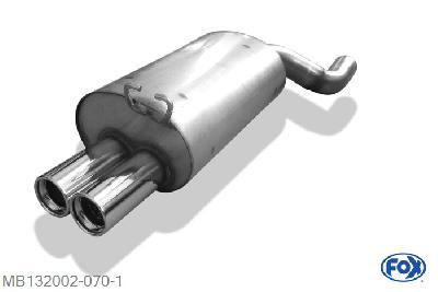 MB132002-070, Mercedes SL Typ R129 2.8l 142/150kW 3.0l 140/170kW 3.2l 165/170kW 5.0l 225/235/240kW, Einddemper O70mm - 2x80mm  Type 13 - Alleen voor modellen met seriematig schuifverbinding! (geen flens!) Geheel RVS, Absortie demper, mooie diepe sound, Met E-keur