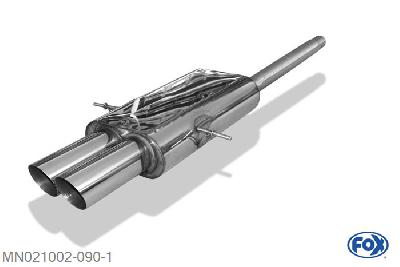 MN021002-090, Mini Cooper S R56 1.6l 128kW, Einddemper met midden uitgang - 2x90mm  Type 14 63,5mm Buisdiameter Geheel RVS, Absortie demper, mooie diepe sound, EG-Gutachten (eintragunsgfrei)