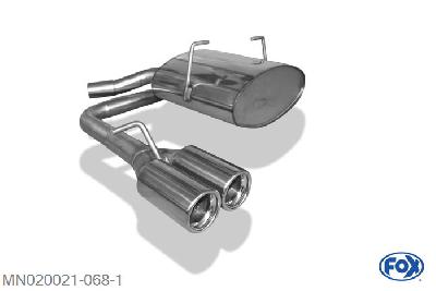 MN020021-068, Mini Cooper Cabrio R52 1.6l 85kW, Einddemper met midden uitgang  - 2x76mm  Type 13 50mm Buisdiameter Geheel RVS, Absortie demper, mooie diepe sound, Met E-keur