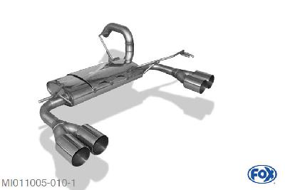 MI011005-010, Mitsubishi Colt - Z30/ CZ3/ CZT - 3-turer / Smart Fourfour 1.1l 55kW 1.3l 70kW 1.5l 80/110kW 1.5l DI-D 50/70kW, Einddemper met uitgang rechts/links - 2x80mm  Type 10 rechts/links 55mm Buisdiameter Geheel RVS, Absortie demper, mooie diepe sound, Teilegutachten (eintragungspflichtig)