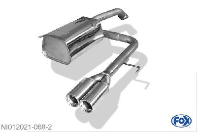 NI012021-068, Nissan Micra K12 fur Modelle mit Flansch 1.2l 16V 48/59kW 1.4l 16V 65kW 1.5l dCi 48/60kW, Einddemper met midden uitgang - 2x76mm  Type 13 55mm Buisdiameter Geheel RVS, Absortie demper, mooie diepe sound, Met E-keur
