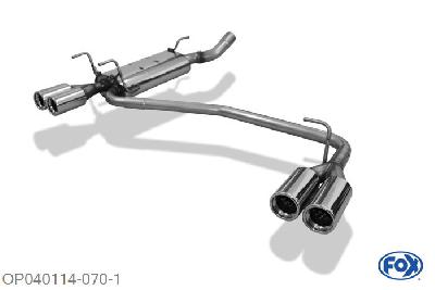 OP040114-070, Opel Astra F Caravan 1.4l 44/66/85kW 1.6l 52/55/60/66/74kW 1.8l 66/85/92kW 2.0l 85/100/110kW 1.5l D 53kW 1.6l D 40kW, Einddemper rechts/links 3-punts ophanging  O63,5mm - 2x80mm  Type 13 rechts/links Geheel RVS, Absortie demper, mooie diepe sound, Met E-keur