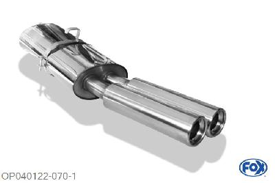 OP040122-070, Opel Astra F Stufenheck 1.4l 44/66/85kW 1.6l 52/55/60/66/74kW 1.8l 66/85/92kW 2.0l 85/100/110kW 1.5l D 53kW 1.6l D 40kW, Einddemper 1-punts ophanging  - 2x80mm  Type 13 Geheel RVS, Absortie demper, mooie diepe sound, Met E-keur