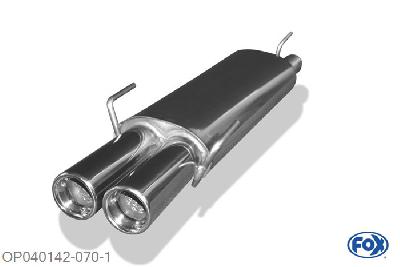 OP040142-070, Opel Astra F-CC 1.4l 44/66/85kW 1.6l 52/55/60/66/74kW 1.8l 66/85/92kW 2.0l 85/100/110kW 1.5l D 53kW 1.6l D 40kW, Einddemper 3-punts ophanging  - 2x80mm  Type 13 Geheel RVS, Absortie demper, mooie diepe sound, Met E-keur