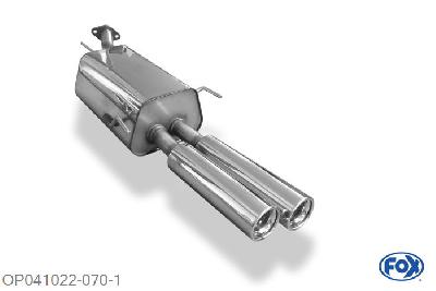 OP041022-070, Opel Astra G Stufenheck 1.4l 66kW 1.6l 55/62/74/76kW 1.8l 85/92kW 2.0l 100kW 2.2l 108kW 1.7l TD 50kW 1.7l TDI 55kW 2.0l DI 60kW 2.0l TD 74kW 2.2 DTi 92kW, Einddemper met eindstuk 2x80mm  Type 13 50mm Buisdiameter Geheel RVS, Absortie demper, mooie diepe sound, Met E-keur