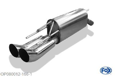 OP080012-166, Opel Calibra A 2.0l 16V 100kW 2.5l V6 125kW, Einddemper met eindstuk 2x76mm  Type 18 55mm Buisdiameter Geheel RVS, Absortie demper, mooie diepe sound, Met E-keur