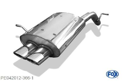 PE042012-366, Peugeot 407 - 2,0l 16V 2.0l 16V 103kW, Einddemper met eindstuk 2x106x71mm  Type 33 60mm Buisdiameter Geheel RVS, Absortie demper, mooie diepe sound, Met E-keur