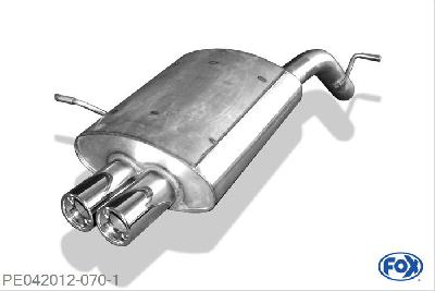 PE042012-070, Peugeot 407 - 2,0l 16V 2.0l 16V 103kW, Einddemper met eindstuk 2x80mm  Type 13 60mm Buisdiameter Geheel RVS, Absortie demper, mooie diepe sound, Met E-keur