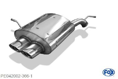 PE042002-366, Peugeot 407 - 2,2l 16V 2.2l 16V 116/120kW, Einddemper met eindstuk 2x106x71mm  Type 33 60mm Buisdiameter Geheel RVS, Absortie demper, mooie diepe sound, Met E-keur