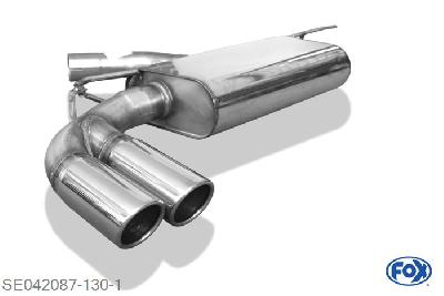 SE042087-130, Seat Leon 5F - Starre achteras 1.2l 63/77/81kW 1.4l 81/90/92/103/110kW 1.6l TDI 66/77/81kW 2.0l TDI 81/105/110kW, Einddemper einseitig - 2x80mm  Type 16 70mm Buisdiameter Geheel RVS, Absortie demper, mooie diepe sound, Met E-keur