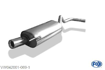 VW042001-069, VW Polo 6N 1.0l 37kW 1.1l 33/37kW 1.3l 40kW 1.4l 40/44/55kW 1.6l 55kW, Einddemper enkele buis O45mm - 1x80mm  Type 13 45mm Buisdiameter Geheel RVS, Absortie demper, mooie diepe sound, Met E-keur