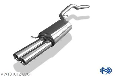 VW131012-070, VW Bus T5/ T6 2.0l 85/110/150kW 3.2l 170/173kW 1.9l TDI 62/63/75/77kW 2.0l TDI 62/75/103/132 2.5l TDI 96/120/128kW, Einddemper met eindstuk 2x80mm  Type 13 60mm Buisdiameter Geheel RVS, Absortie demper, mooie diepe sound, Met E-keur