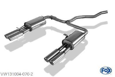 VW131004-070, VW Bus T5/ T6 2.0l 85/110/150kW 3.2l 170/173kW 1.9l TDI 62/63/75/77kW 2.0l TDI 62/75/103/132 2.5l TDI 96/120/128kW, Einddemper met uitgang rechts/links - 2x80mm  Type 13 rechts/links 60mm Buisdiameter Geheel RVS, Absortie demper, mooie diepe sound, Met E-keur