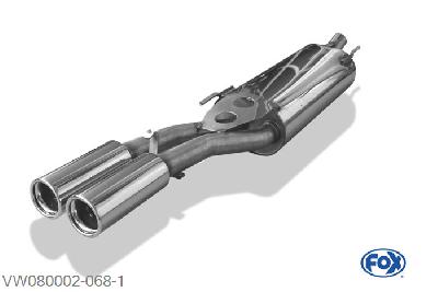 VW080002-068, VW Vento 1.4l 40/44kW 1.6l 55/74kW 1.8l 55/66kW 1.9l D 47kW 1.9l TDI 55/66/81kW, Einddemper met eindstuk 2x76mm  Type 13 50mm Buisdiameter Geheel RVS, Absortie demper, mooie diepe sound, Met E-keur